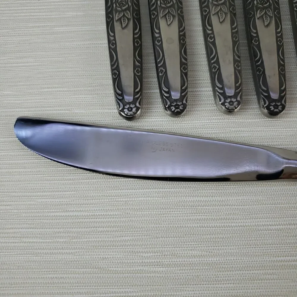 Vintage Single Rose Stainless Steel Butter Knives 8 Pcs Silverware Japan MCM